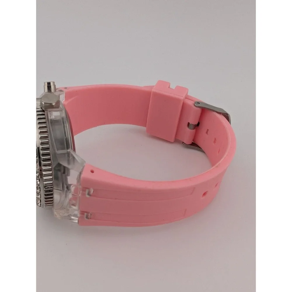 Geneva Watch Women 45mm Case Light  Up Dial Pink Silicone Band- New‎ Battery